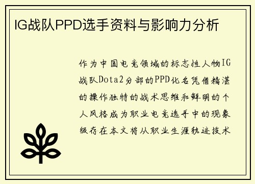 IG战队PPD选手资料与影响力分析